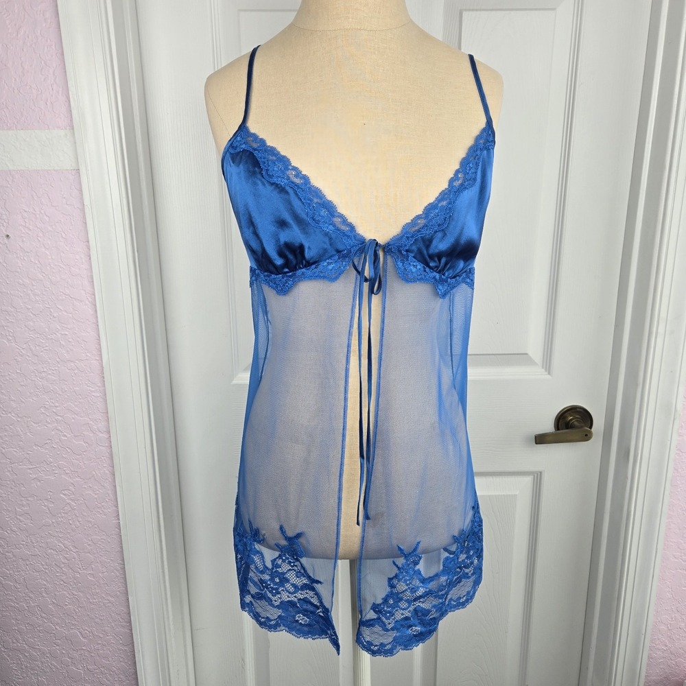 Victoria's Secret Vtg Blue Silk And Mesh Nightie Camisole Top Size L Lingerie